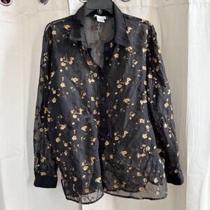 Vtg Bonworth Top Large Floral Whimsigoth Button Up Dark‎ Romantic Mesh 18650